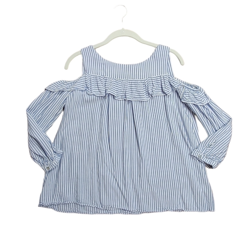 Entro Blue & White Stripe Cold Shoulder Ruffle Top